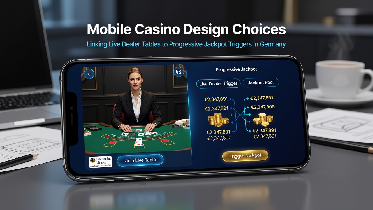 Detailansicht einer mobilen App mit synchronisiertem Live-Poker-Tisch und progressivem Jackpot-Trigger